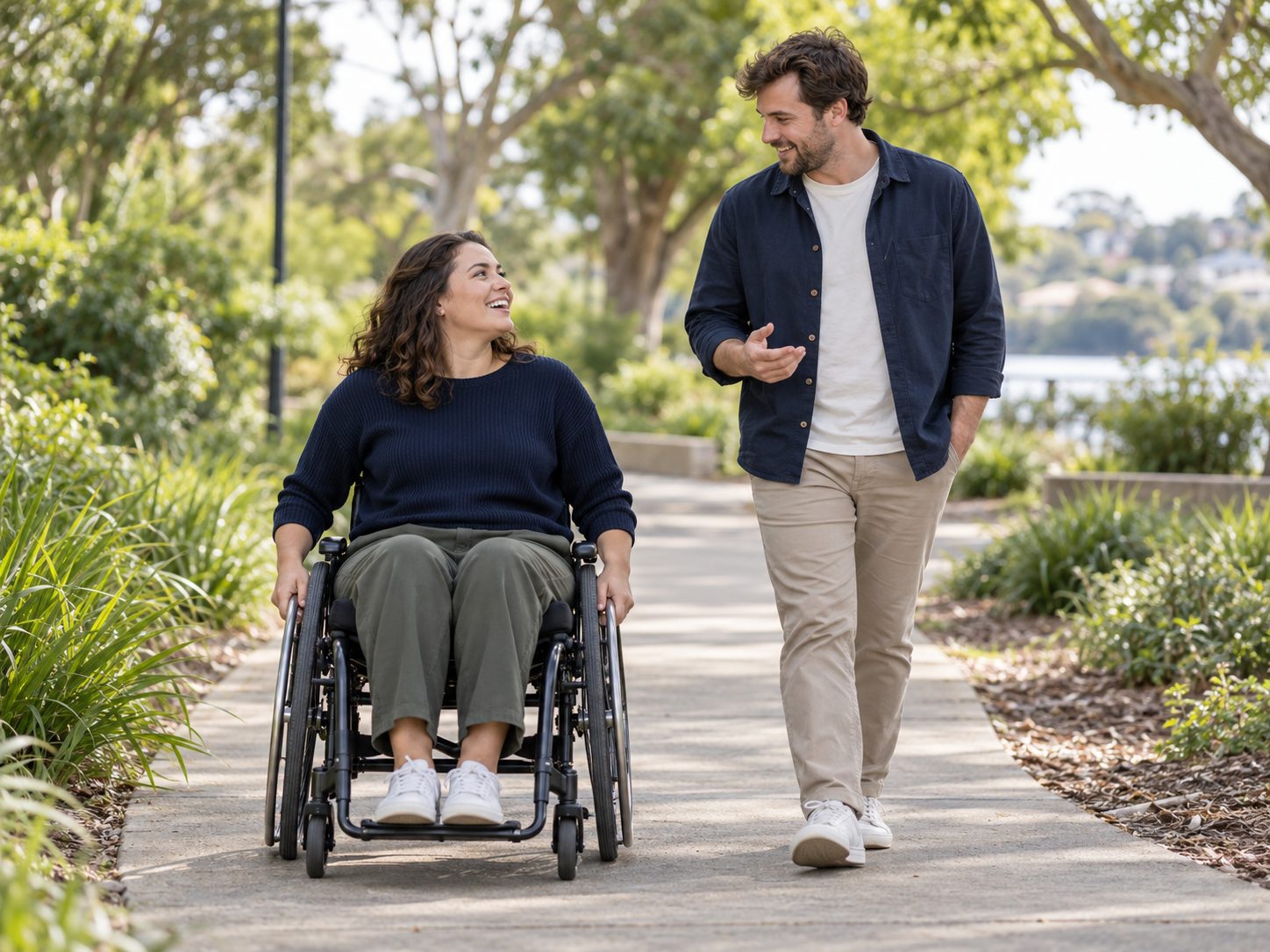 A wheelchair user and a companion talking and smiling together while walking along a path outdoors.