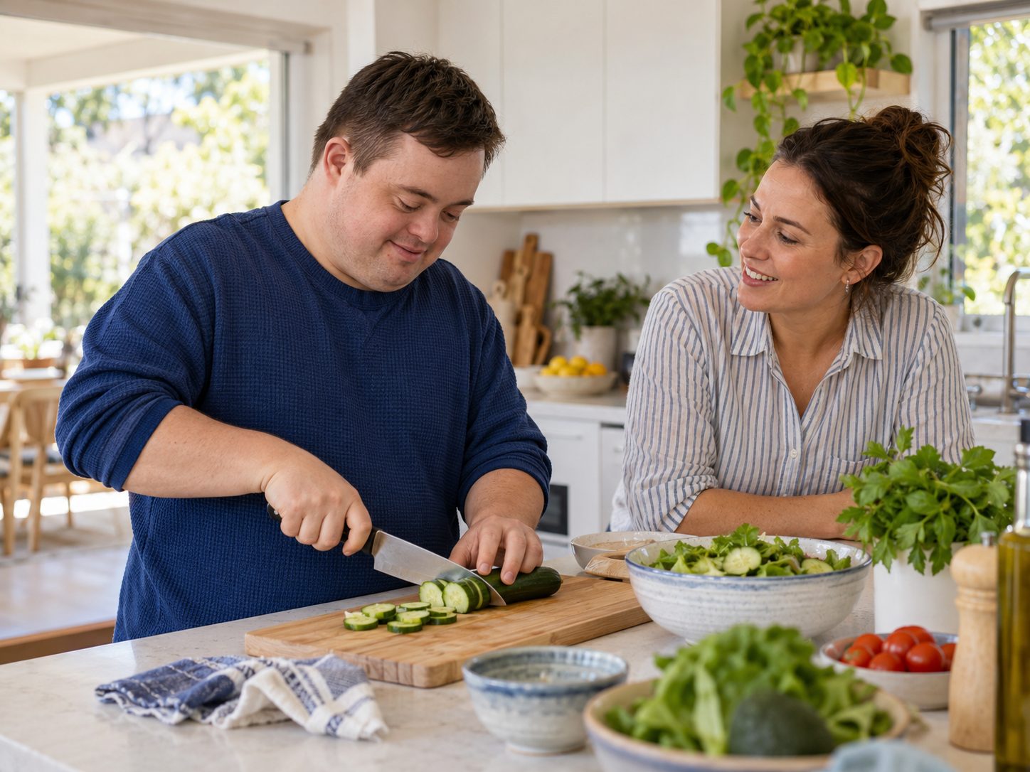 A man preparing lunch independently in a kitchen, with a support person nearby.